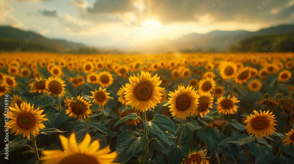 Obraz premium A field of sunflowers bathed in golden sunlight against a backdrop of mountains. AI generative. .