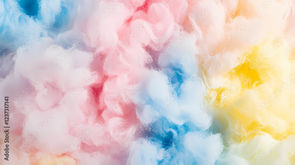 Fototapeta premium abstract background with pastel shades of pink, blue, and yellow, resembling the fluffy textures of cotton candy, evoking a sense of nostalgia and sweetness. Pastel Nostalgia. Illustration