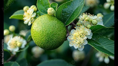 Close-up of a green fruit surrounded by delicate white flowers and lush green leaves in a natural setting