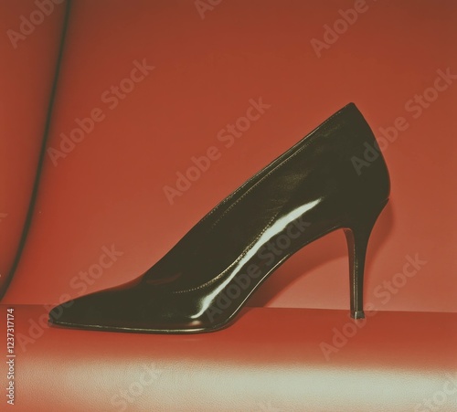 Elegant black high heel on a bold red background, symbolizing style, luxury, and confidence for fashion enthusiasts and trendsetters photo