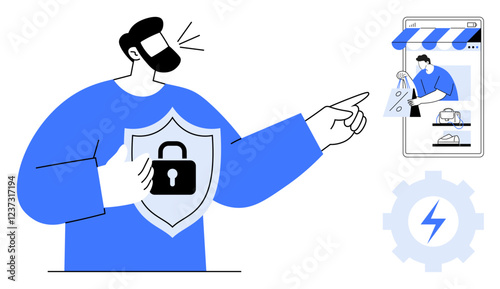 Man holding a shield with a lock, pointing to a mobile store with a padlock. Ideal for e-commerce, cybersecurity, data protection, privacy, online safety, secure transactions, defense strategy