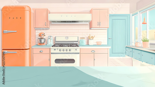 A cozy kitchen with pastel appliances and a sleek marble countertop, blending nostalgia and modernity. Pastel Nostalgia. Illustration