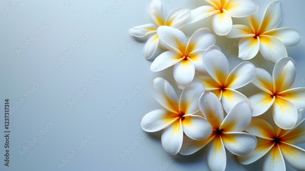 Fototapeta premium White flowers with yellow centers on a pale blue background. AI generative. .