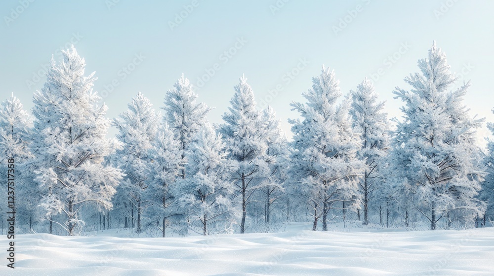 A snowy forest with frost-covered trees and a white, snow-covered ground. AI generative. . A snowy forest with frost-covered trees and a white, snow-covered ground. AI generative. .