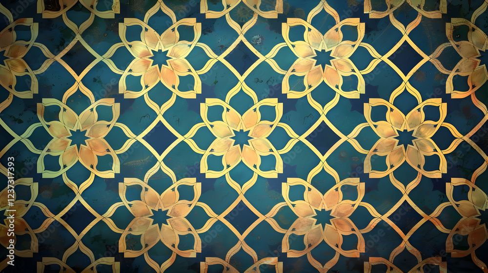 An intricate floral pattern featuring golden motifs on a deep blue background. An intricate floral pattern featuring golden motifs on a deep blue background.