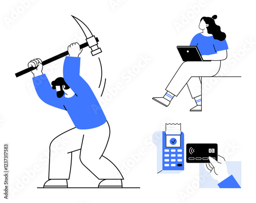 Worker with a pickaxe, woman seated with a laptop, POS terminal with receipt, hand holding credit card. Ideal for business, finance, technology, labor, ecommerce, productivity, remote work. Line