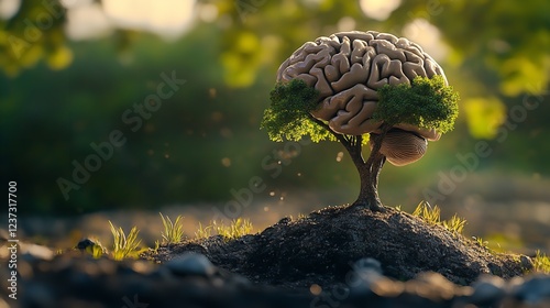 Surreal Brain Growing from Earth Like a Tree, Symbolizing Knowledge, Growth, and Intelligence photo