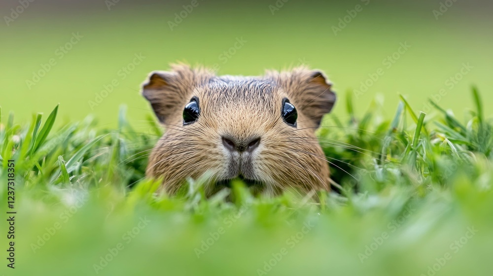 Cute small animal peeking out of grass in a natural setting, showcasing curiosity and playfulness in a vibrant green background with soft focus Cute small animal peeking out of grass in a natural setting, showcasing curiosity and playfulness in a vibrant green background with soft focus