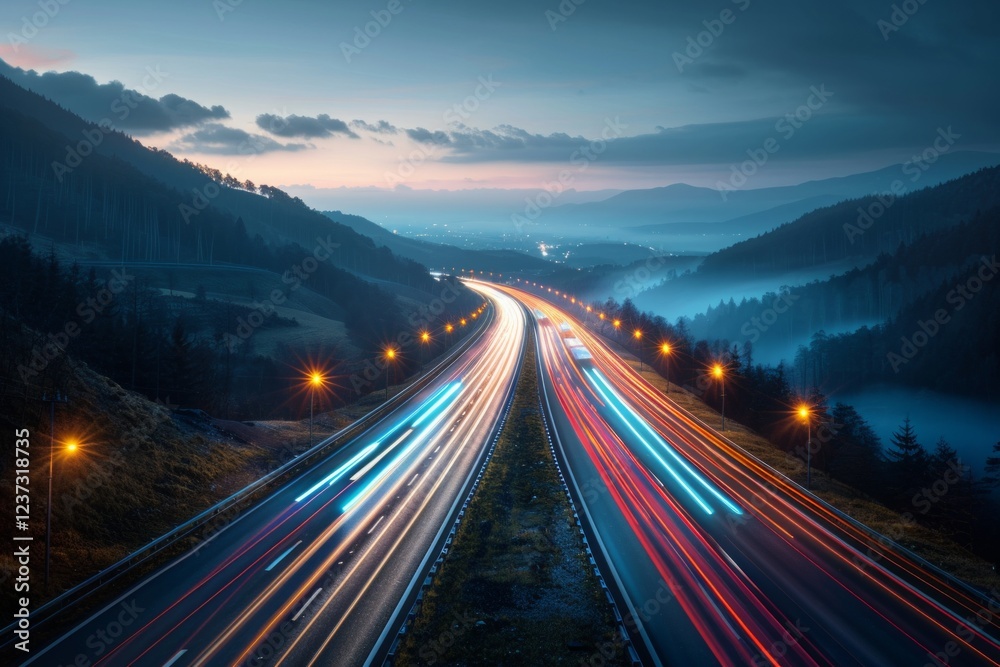 Obraz premium Highway with colorful light trails through mountain valley at night. AI generative. .