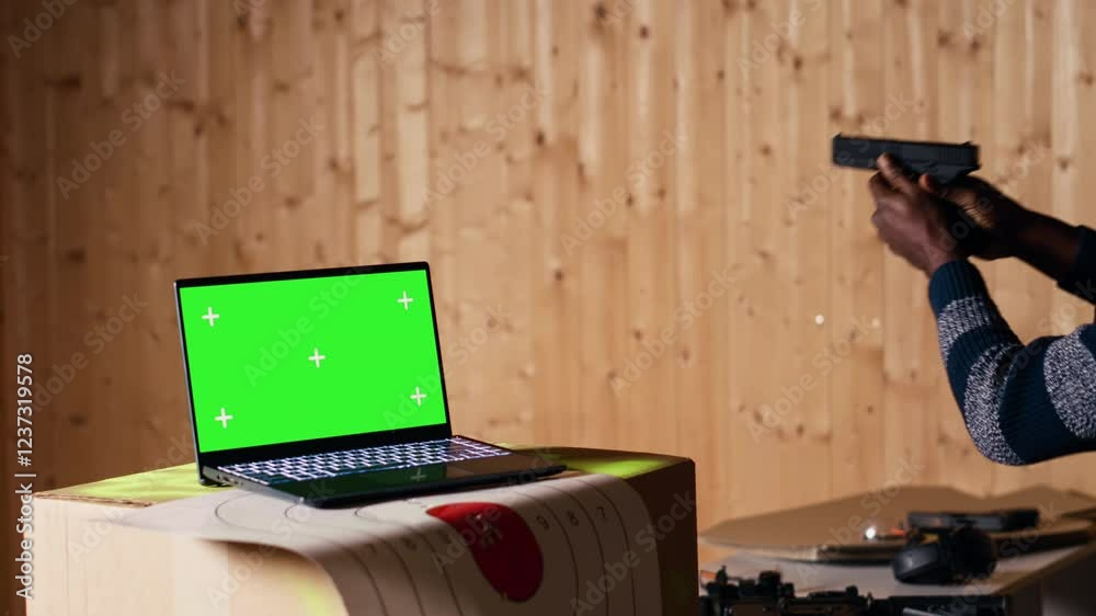 Guy Point Gun At Computer Green screen laptop next to man in firing range pressing mechanism to ...