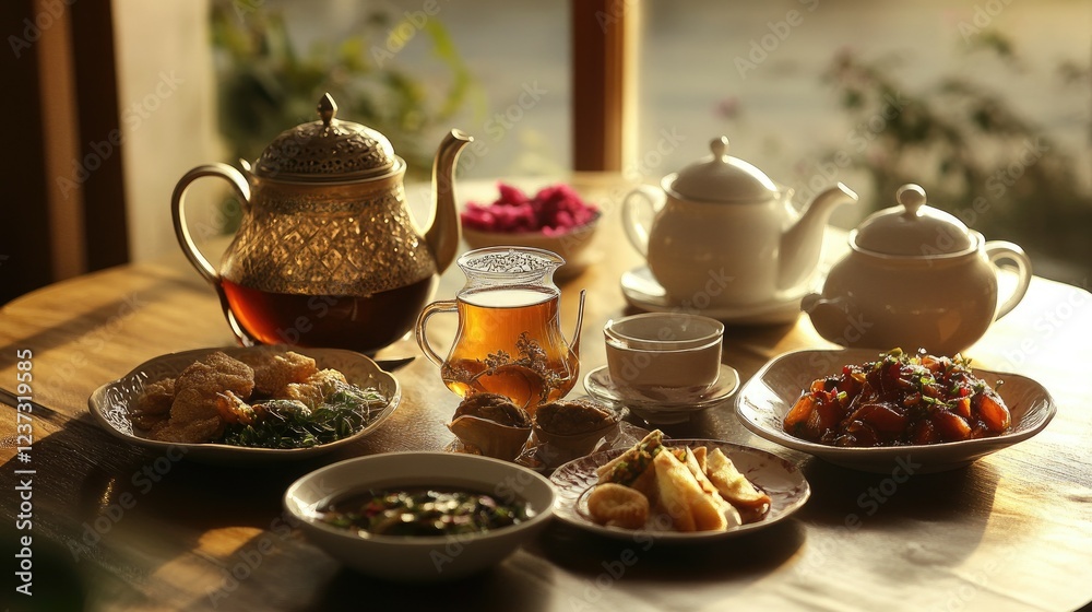 Fototapeta premium Warm Sunset Tea Ceremony: A Delightful Table Setting with Exquisite Teapots, Golden Hour Light, and Scrumptious Dishes