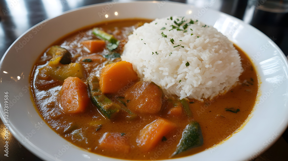 Ginger infused coconut curry with vegetables, served with basmati rice. Ginger infused coconut curry with vegetables, served with basmati rice.