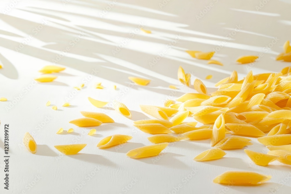 Obraz premium Uncooked penne pasta. Dried italian pasta on white background.