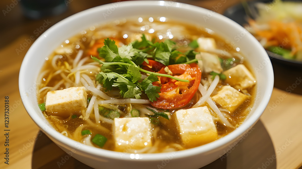 Ginger lemongrass infused rice noodles with tofu and vegetables. Ginger lemongrass infused rice noodles with tofu and vegetables.