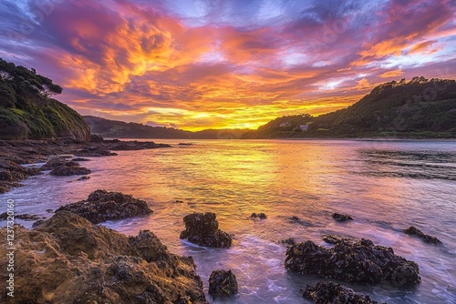 Vivid sunset over tranquil coastal waters with colorful skies.