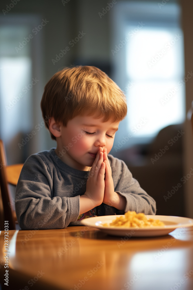 Young boy praying at kitchen table before meal. Child saying his prayers. Young boy praying at kitchen table before meal. Child saying his prayers.