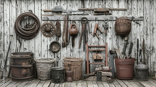 Rustic tools hanging on weathered wood shed wall, old farm equipment below, vintage background photo