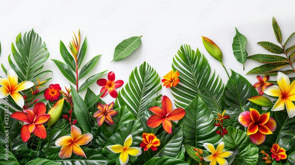 Fototapeta premium Vibrant tropical flowers and lush green leaves on white background. AI generative. .