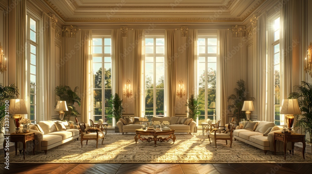 Fototapeta premium Elegant living room with large windows, beige walls, and sunlight streaming through. AI generative. .