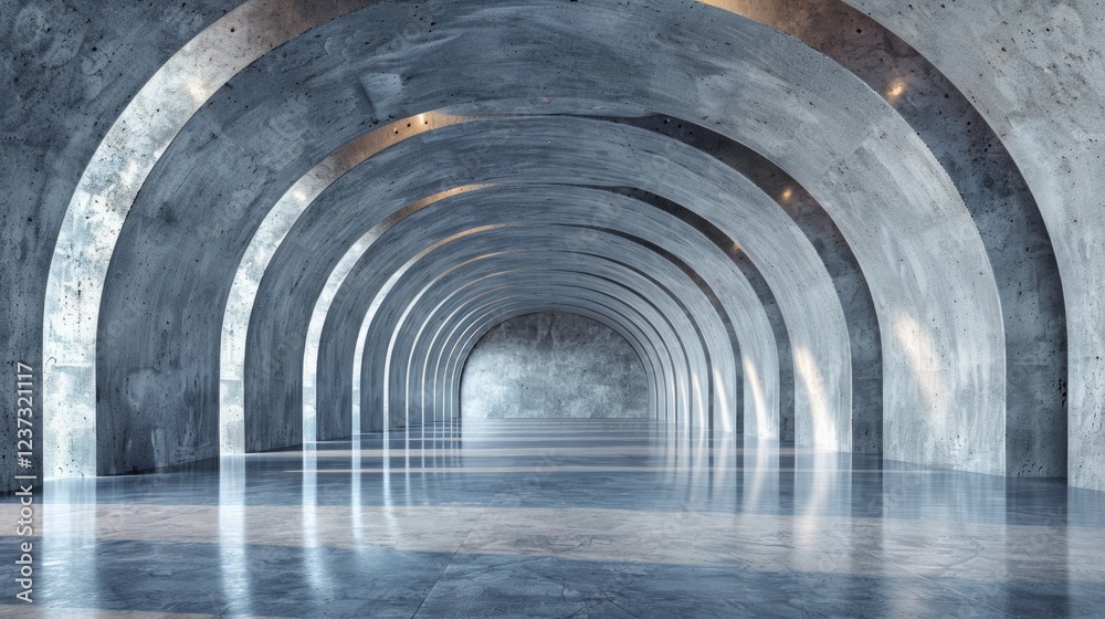 Obraz premium A long corridor with concrete arches and a reflective floor. AI generative. .