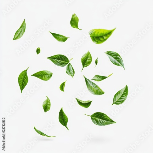Wallpaper Mural Green leaves floating, white background, studio shot, tea packaging Torontodigital.ca