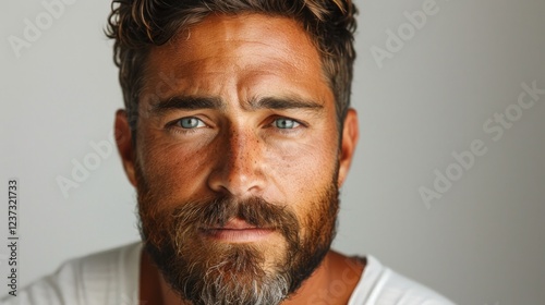 Close-up portrait of a man with a beard and blue eyes. AI generative. .