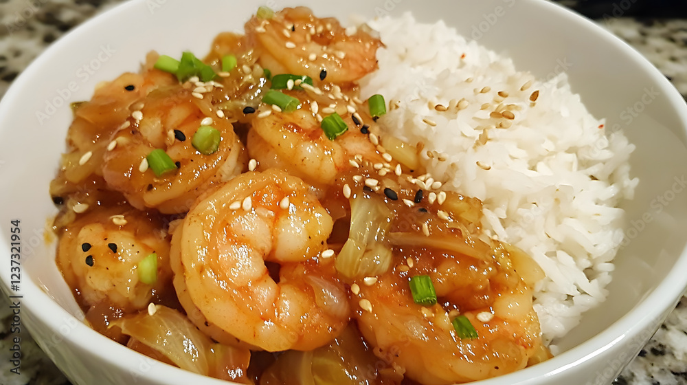 Ginger sesame shrimp stir-fried with cabbage and served with jasmine rice. Ginger sesame shrimp stir-fried with cabbage and served with jasmine rice.
