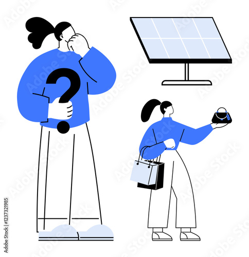 Businesswoman holding question mark, inspecting solar panel, using magnifying glass, carrying shopping bags. Ideal for decision-making, sustainability, technology, analysis, consumer habits