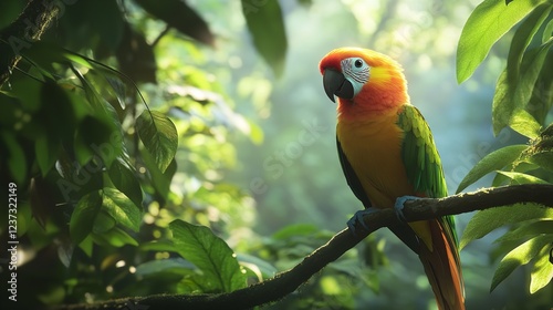 Vibrant Parrot Perched on Branch, Multicolored Feathers, Blurred Rainforest Canopy photo