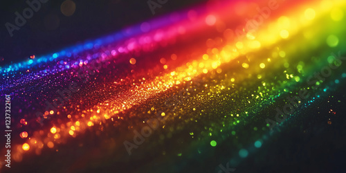 Abstract glittery banner with rainbow shining particles on black background, sparkling light.