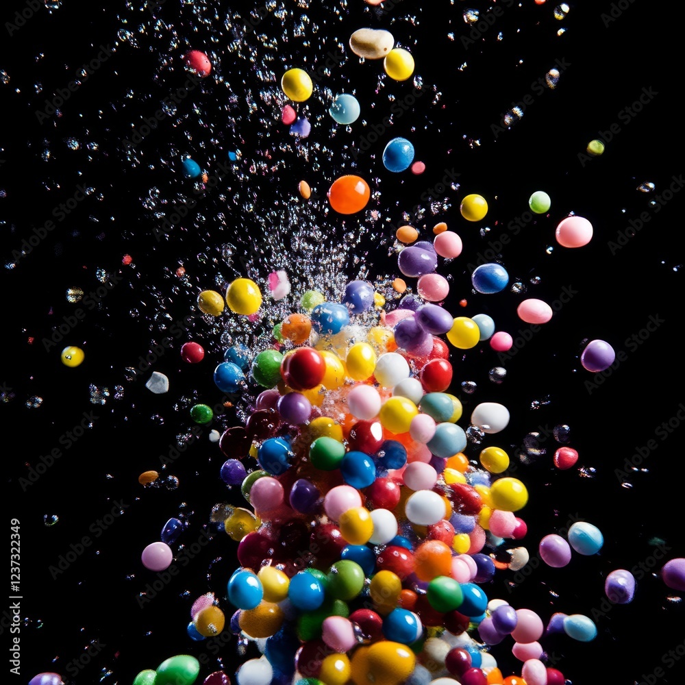 Colorful candies splashing, dark background, studio shot, food advertising Colorful candies splashing, dark background, studio shot, food advertising