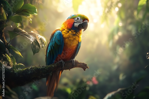 Vibrant Parrot Perched on Branch, Multicolored Feathers, Blurred Rainforest Canopy photo