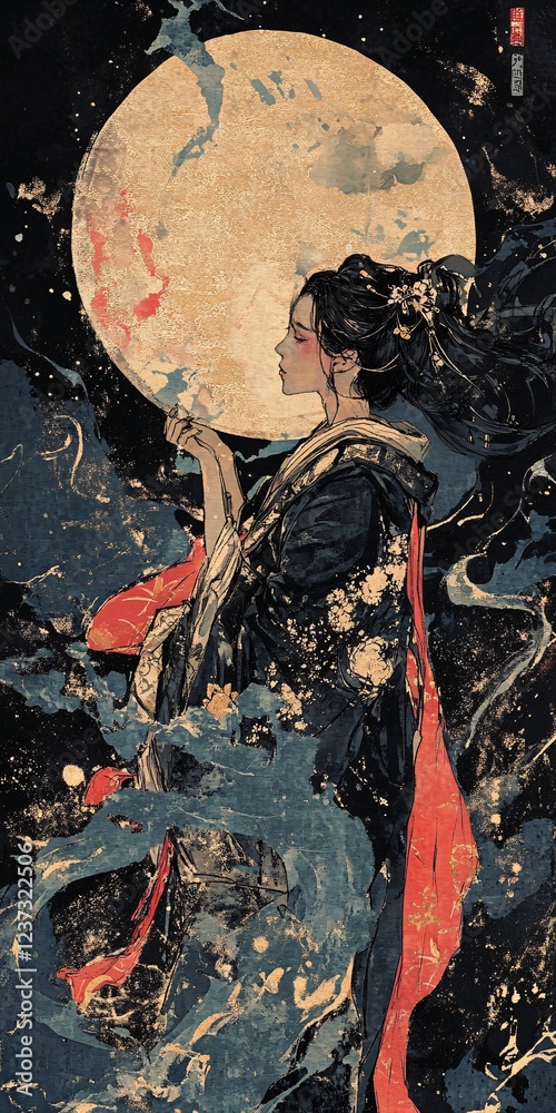Obraz premium Serene Woman in Kimono before a Full Moon, Japanese Ukiyo-e Style Illustration, Dark Blue Tones, Detailed Hair, Gold Accents, Elegant, Mystical Atmosphere