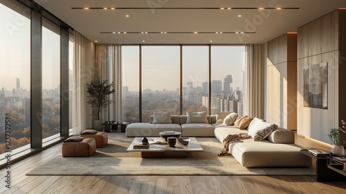 Modern living room with large windows overlooking a city skyline. AI generative. . photo