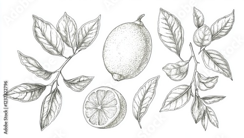 Hand-drawn illustration of lemons and lime with leaves.