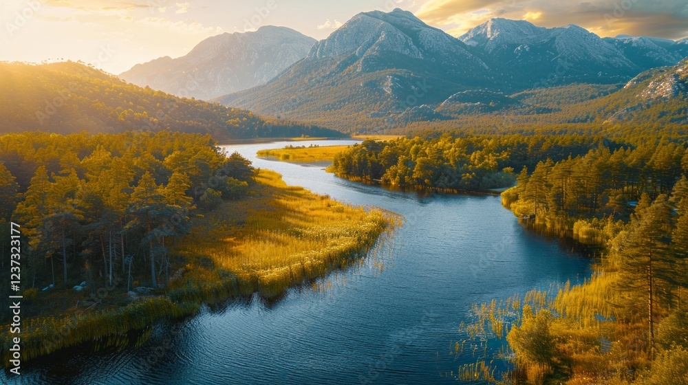 Obraz premium A winding river flows through a valley, surrounded by mountains and autumnal foliage. AI generative. .