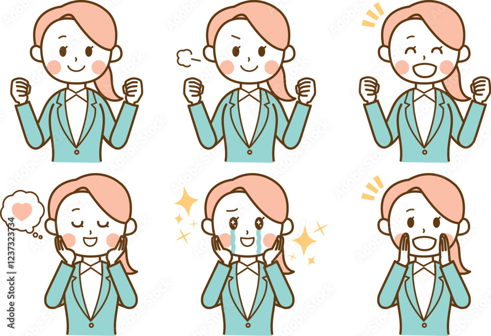 嬉しい感情のスーツを着た女性のイラストセット