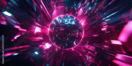 Colorful banner with sparkling disco ball. Night party, dancing event, bokeh lights.