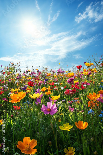 Flowering meadow in spring under blue sky. Colorful wildflowers blooming on sunny summer day.