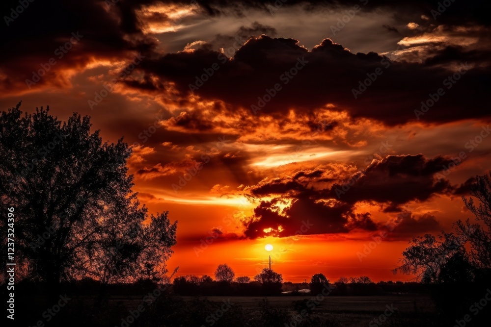 Obraz premium Silhouetted trees against a dramatic sunset sky with fiery orange and red hues. AI generative. .