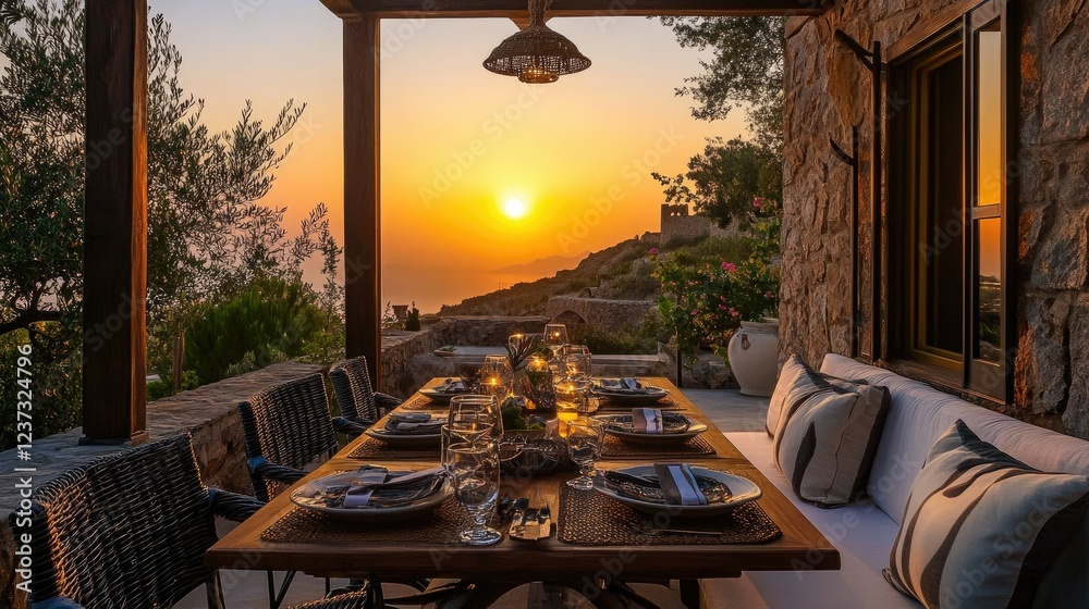 Fototapeta premium Sunset Dinner on a Greek Island Terrace