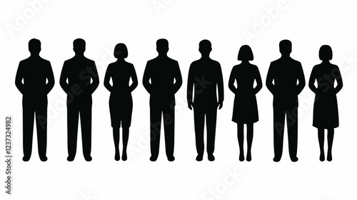Row of Men and Women Silhouettes Standing Against White Background