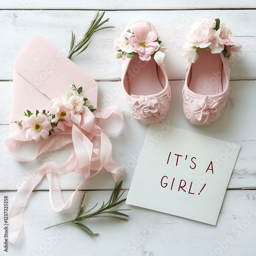 Baby girl announcement with pink floral shoes, ribbon, and greeting card, baby shower and gender reveal on rustic white wooden background