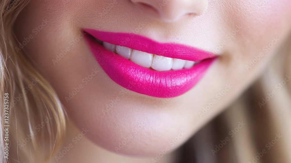 Fototapeta premium Close-up of a woman's smile with vibrant lipstick.