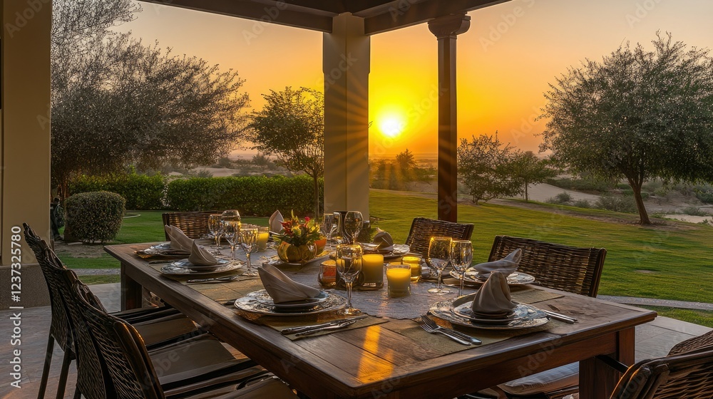Fototapeta premium Sunset Dinner Alfresco: Luxury Patio Dining Experience