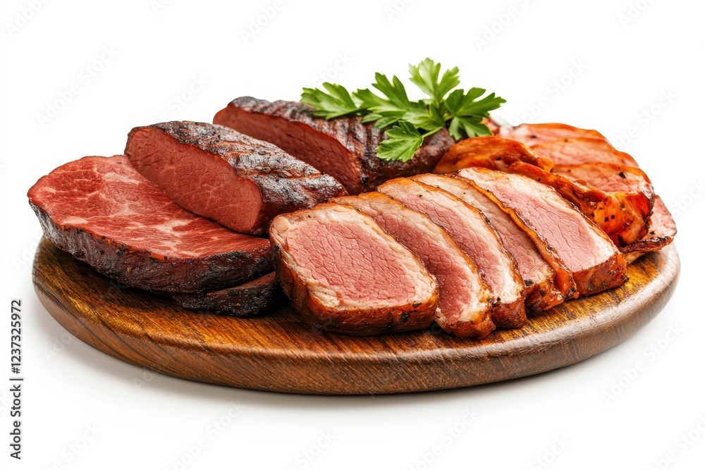Assorted High-Quality Meats on Wooden Platter with Fresh Herbs Isolated on White Background Assorted High-Quality Meats on Wooden Platter with Fresh Herbs Isolated on White Background