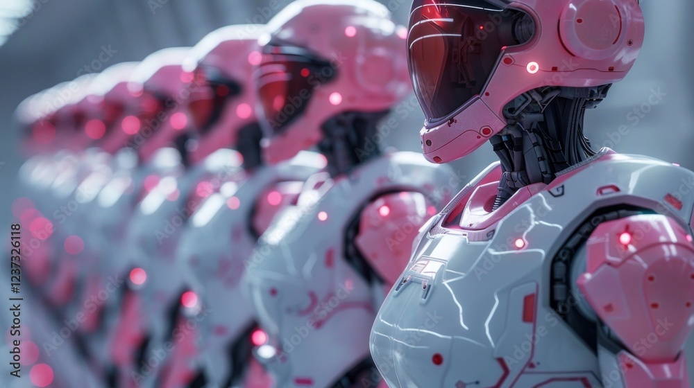 Fototapeta premium A line of pink and white robots in a futuristic setting, looking forward. AI generative. .