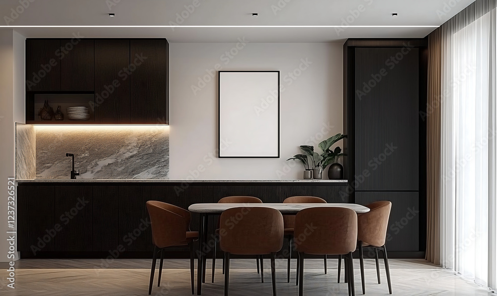 Fototapeta premium Elegant modern kitchen interior with empty poster frame mock-up above dining table