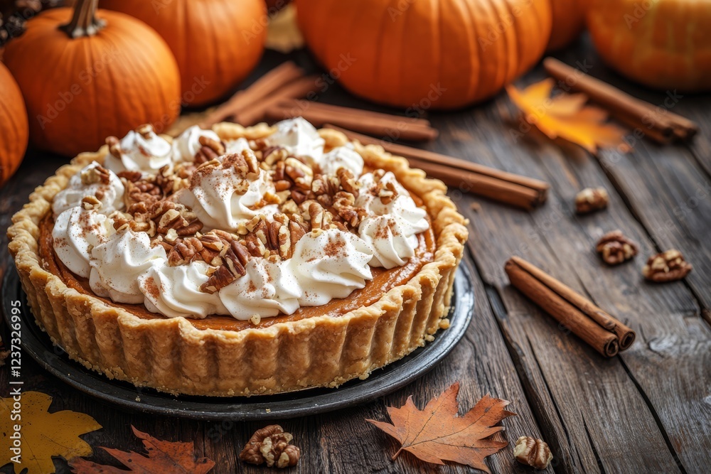 Pecan and whipped cream topped pumpkin pie on rustic wooden table with autumn leaves and pumpkins. Pecan and whipped cream topped pumpkin pie on rustic wooden table with autumn leaves and pumpkins.