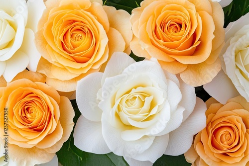 A beautiful arrangement of white and peach roses, showcasing their delicate petals and vibrant colors, perfect for various design projects.